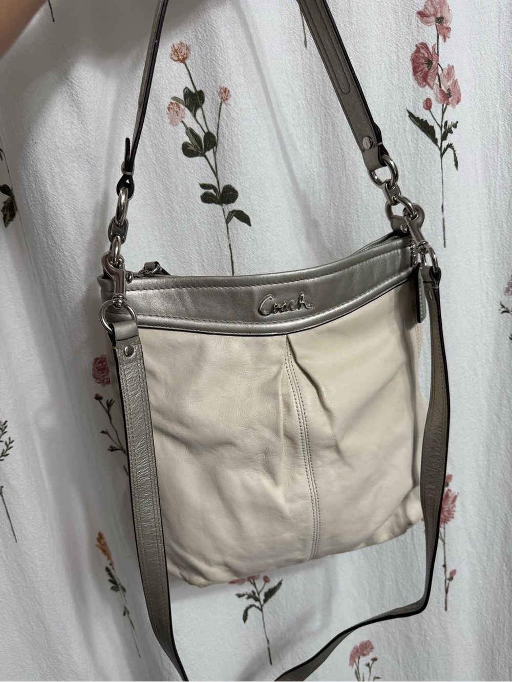 Coach Cream Leather Hobo with Metallic Gray Trim
